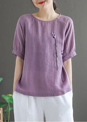 Purple Solid Floral Embroideried Linen Tops O-Neck Short Sleeve