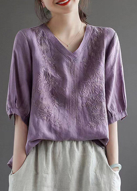 Purple V Neck Floral Embroideried T Shirt Half Sleeve