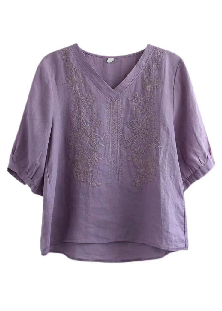 Purple V Neck Floral Embroideried T Shirt Half Sleeve