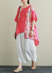 Ramie red printed short-sleeved suit large size cotton and linen wide-leg pants two-piece suit - SooLinen