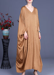 Red Bat wing Sleeve Silk Maxi Dress V Neck Spring