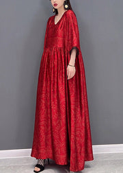 Red Chinese Style Silk Long Dress wrinkled Short Sleeve