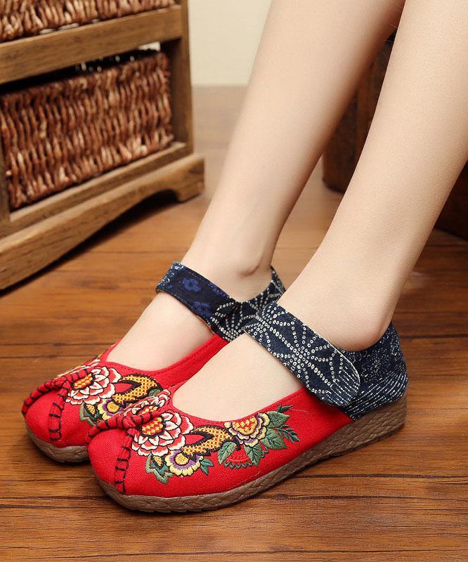 Red Cotton Embroideried Fabric Flat Shoes For Women Splicing Flats - SooLinen