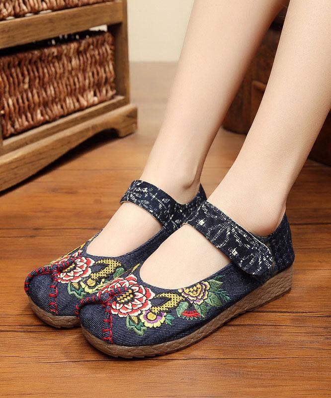 Red Cotton Embroideried Fabric Flat Shoes For Women Splicing Flats - SooLinen