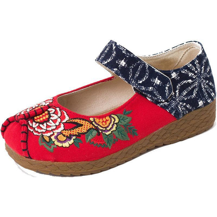 Red Cotton Embroideried Fabric Flat Shoes For Women Splicing Flats - SooLinen