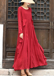 Red Cotton Maxi Dress Wrinkled Tie Waist Long Sleeve