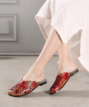 Red Cowhide Floral Leather Hollow Out Slide Sandals - SooLinen