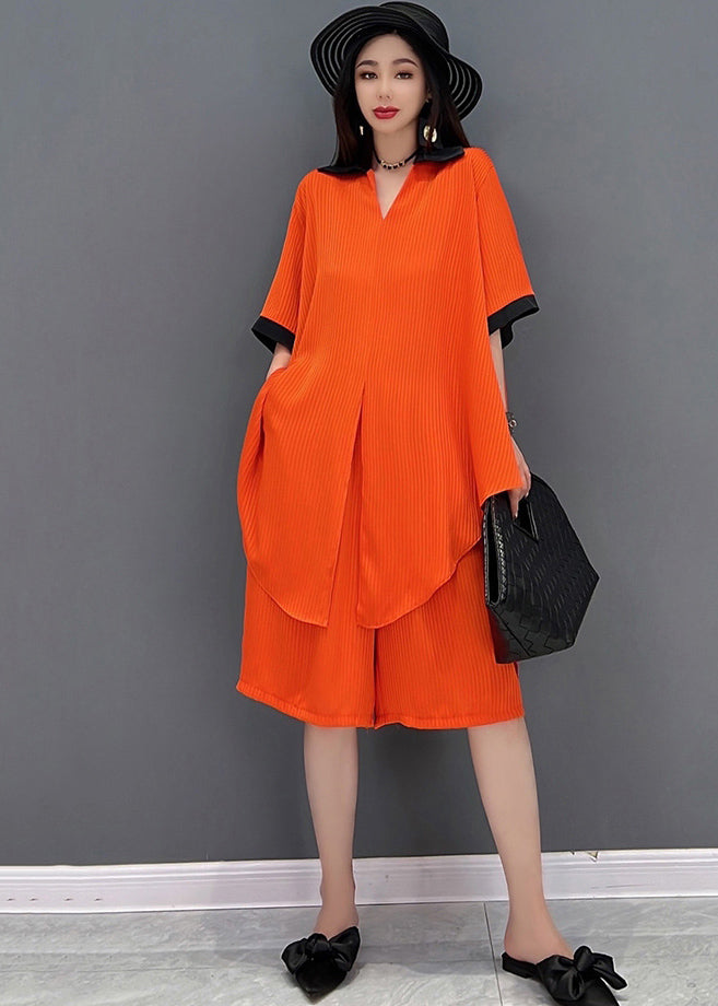 Red Draping Chiffon Long Shirt And Shorts Women Sets 2 Pieces Peter Pan Collar Side Open Summer