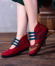 Red Embroideried Asymmetrical Design Buckle Strap Ballet Flats Shoes