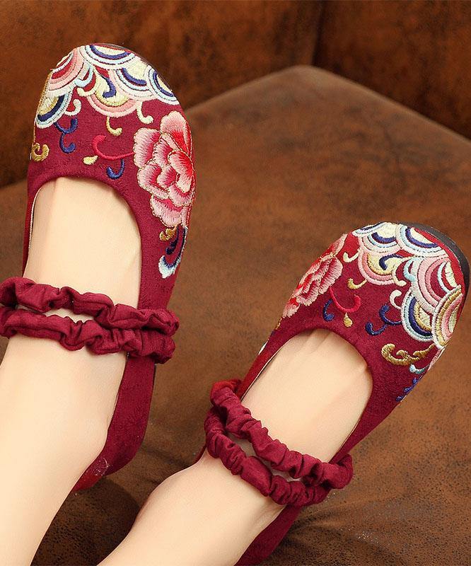 Red Embroideried Cotton Linen Fabric Flat Shoes Lace Up Flat Shoes - SooLinen