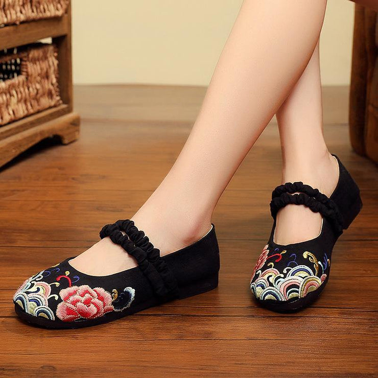 Red Embroideried Cotton Linen Fabric Flat Shoes Lace Up Flat Shoes - SooLinen