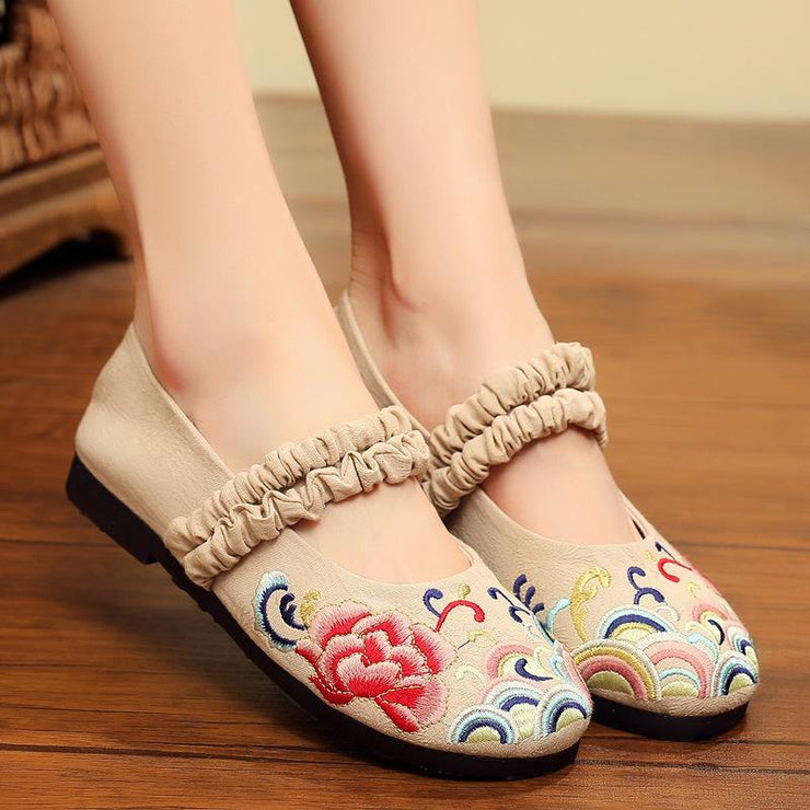 Red Embroideried Cotton Linen Fabric Flat Shoes Lace Up Flat Shoes - SooLinen