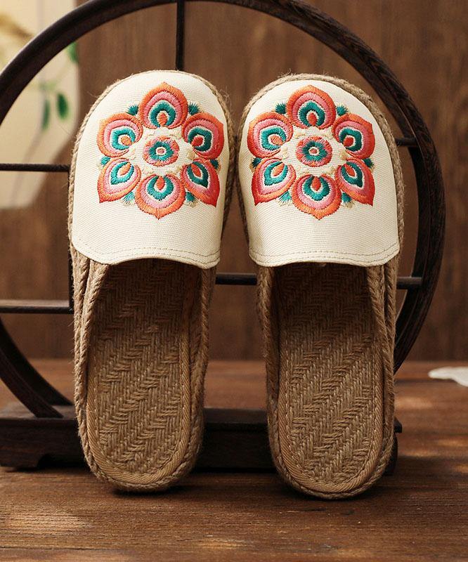 Red Embroideried Cotton Linen Fabric Slippers Shoes - SooLinen