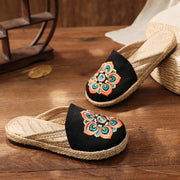 Red Embroideried Cotton Linen Fabric Slippers Shoes - SooLinen