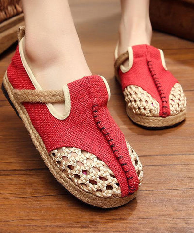 Red Flat Feet Shoes Linen Fabric Casual Hollow Out Flats - SooLinen