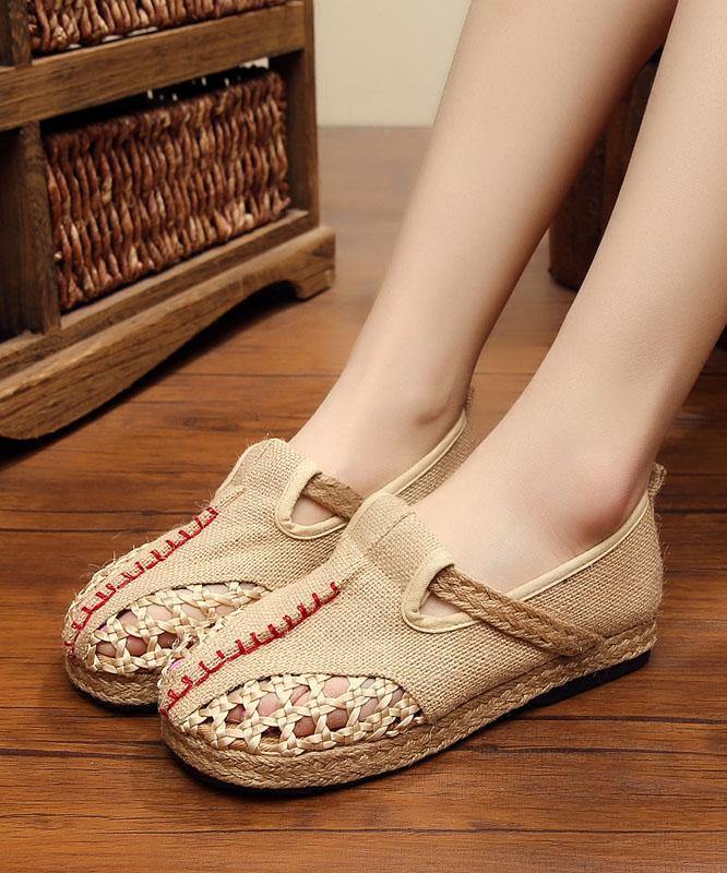 Red Flat Feet Shoes Linen Fabric Casual Hollow Out Flats - SooLinen