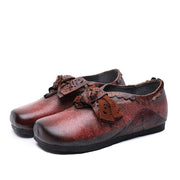 Red Flat Shoes Cowhide Leather Fashion Splicing Flat Shoes - SooLinen