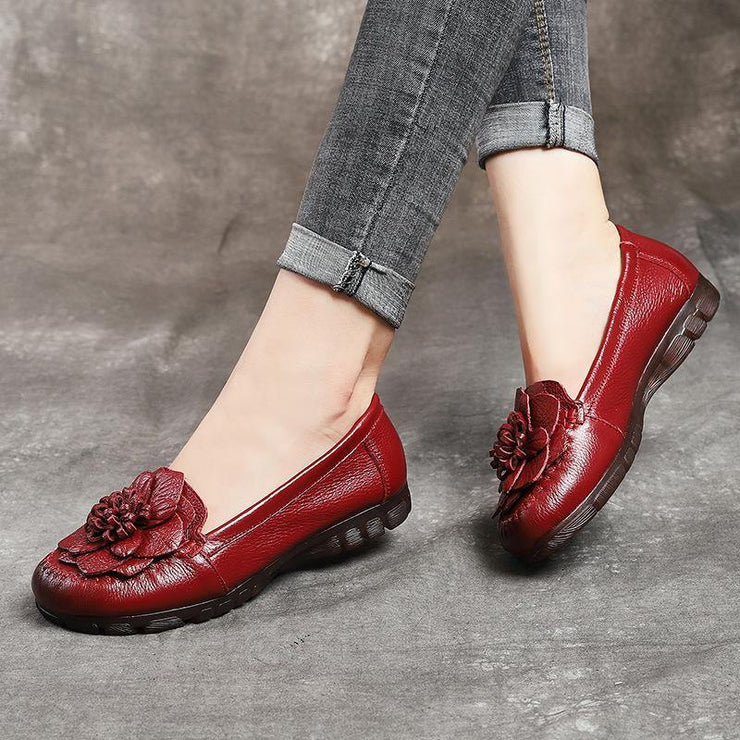 Red Floral Cowhide Leather Flat Shoes For Women  Flat - SooLinen