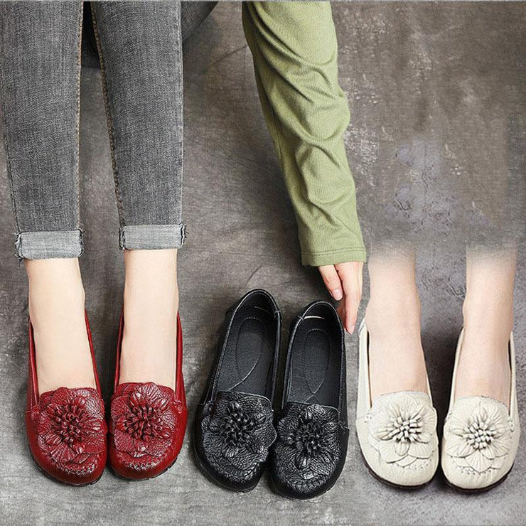 Red Floral Cowhide Leather Flat Shoes For Women  Flat - SooLinen