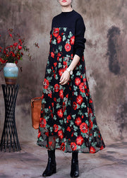 Red Knit Patchwork Long Dress Asymmetrical Spring