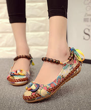 Red Linen Fabric Flat Shoes For Women Embroideried Handmade bead string Knit Fabric Flat Shoes