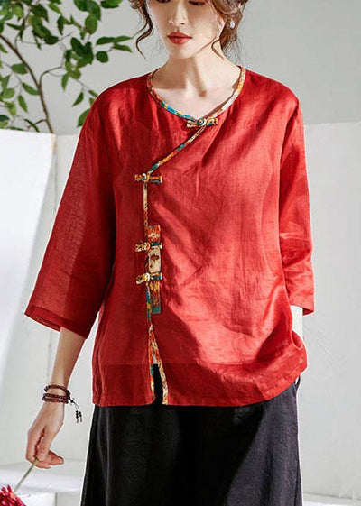 Red Oriental O-Neck Summer Ramie Shirts - SooLinen