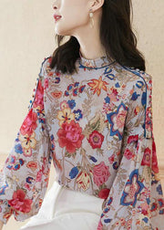 Red Patchwork Loose Silk Shirts lantern sleeve