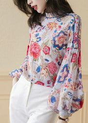 Red Patchwork Loose Silk Shirts lantern sleeve