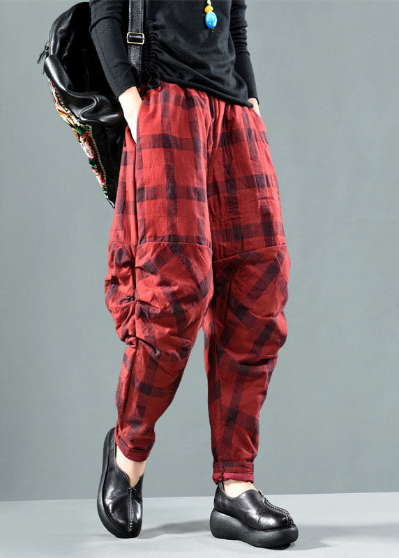 Red Plaid Patchwork Fine Cotton Filled Pants Winter