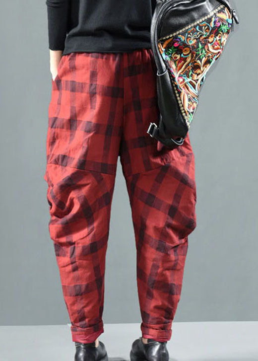 Red Plaid Patchwork Fine Cotton Filled Pants Winter