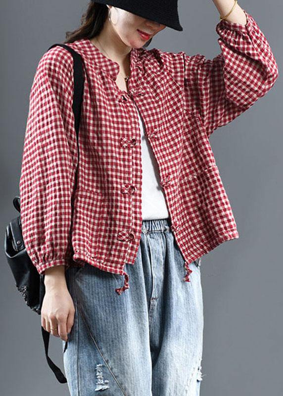 Red Plaid Tie Waist Patchwork Fall Trench Long Sleeve - SooLinen