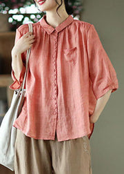 Red Pockets Linen Top Button Peter Pan Collar Half Sleeve