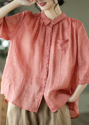 Red Pockets Linen Top Button Peter Pan Collar Half Sleeve