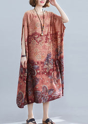 Red Print Draping Silk Loose Dresses O-Neck Short Sleeve