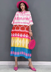 Red Print Patchwork Chiffon Long Dresses Button Half Sleeve