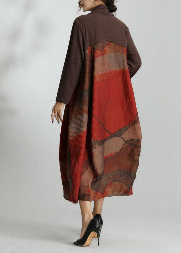 Red Print Pockets Fine Silk Dresses Spring