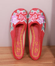 Red Slide Sandals Floral Embroideried Linen Fabric Slides For Women