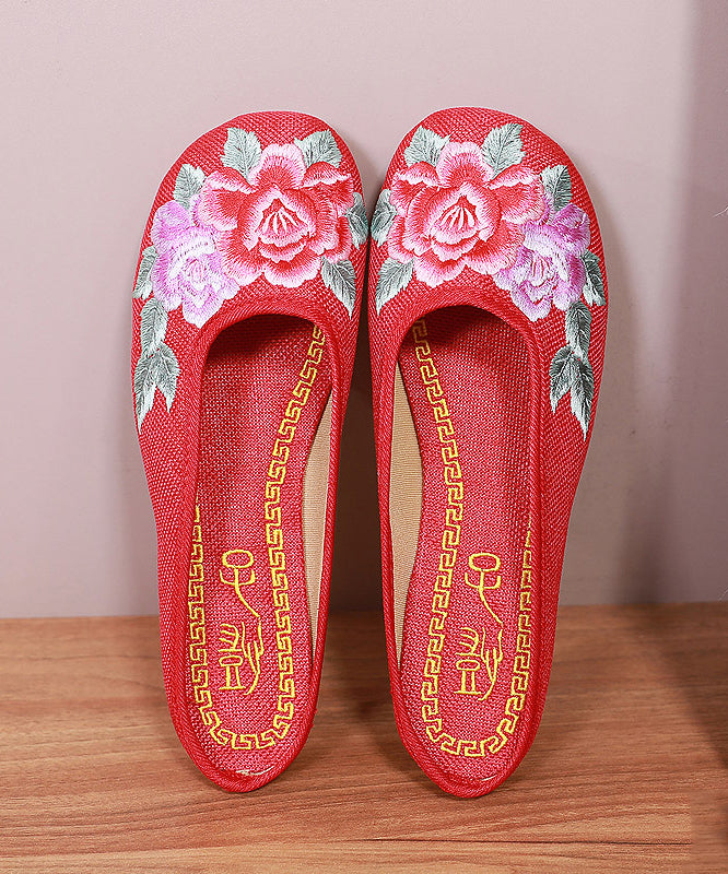 Red Slide Sandals Floral Embroideried Linen Fabric Slides For Women