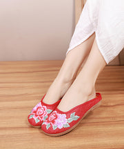 Red Slide Sandals Floral Embroideried Linen Fabric Slides For Women