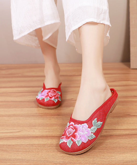 Red Slide Sandals Floral Embroideried Linen Fabric Slides For Women