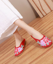 Red Slide Sandals Floral Embroideried Linen Fabric Slides For Women