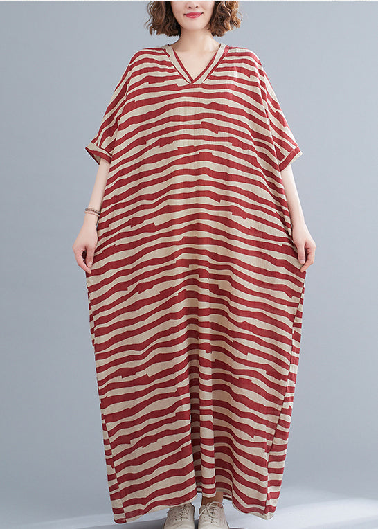 Red Striped Baggy Ankle Dress V Neck Batwing Sleeve