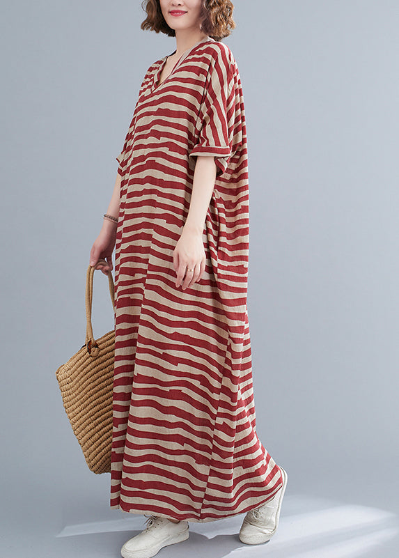 Red Striped Baggy Ankle Dress V Neck Batwing Sleeve