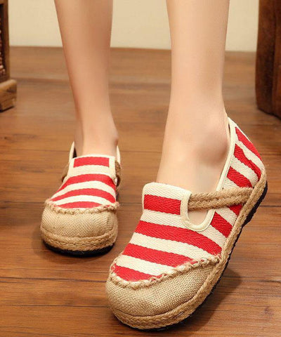 Red Striped Patchwork Flat Feet Shoes - SooLinen