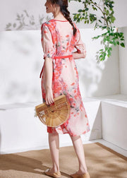 Red tie waist Patchwork Print Summer Ramie Dresses Short Sleeve - SooLinen