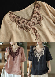 Retro Apricot V Neck Embroideried Patchwork Tops Short Sleeve