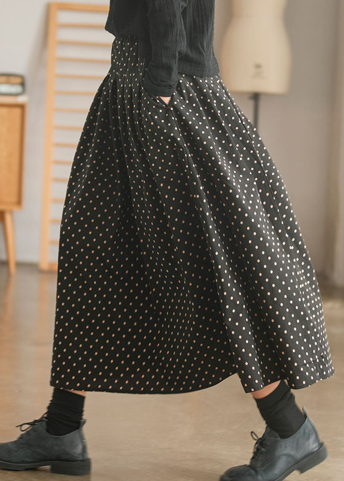 Retro Black elastic waist Pockets dot print Skirt Spring