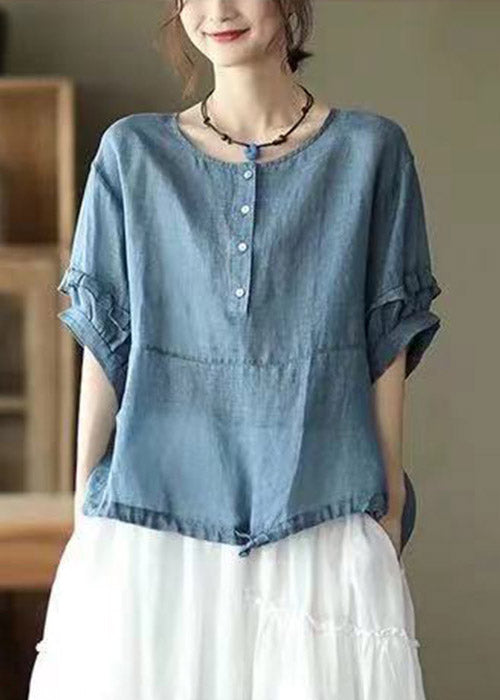 Retro Blue O-Neck Ruffled Button Drawstring Top Half Sleeve