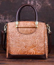 Retro Brown Embossing Paitings Calf Leather Messenger Bag