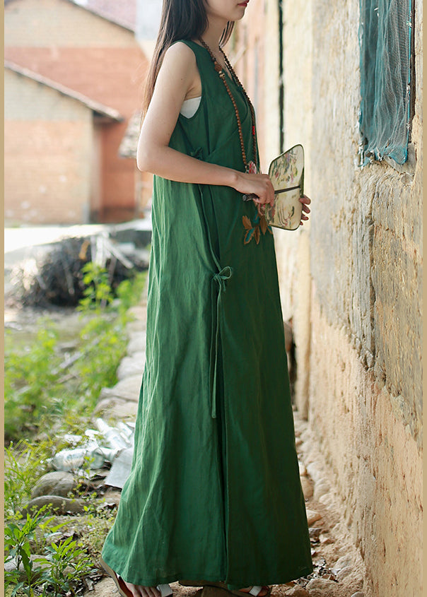 Retro Green V Neck tie waist Embroideried Long Dress Sleeveless